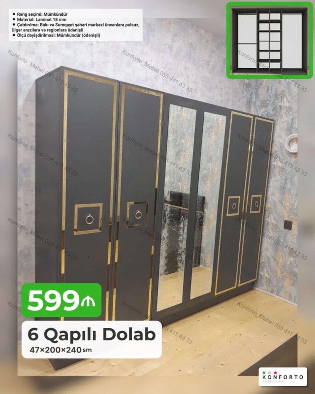 6 qapılı paltar dolabı - Ölçü: 47×200×240 sm - Material: 18 mm