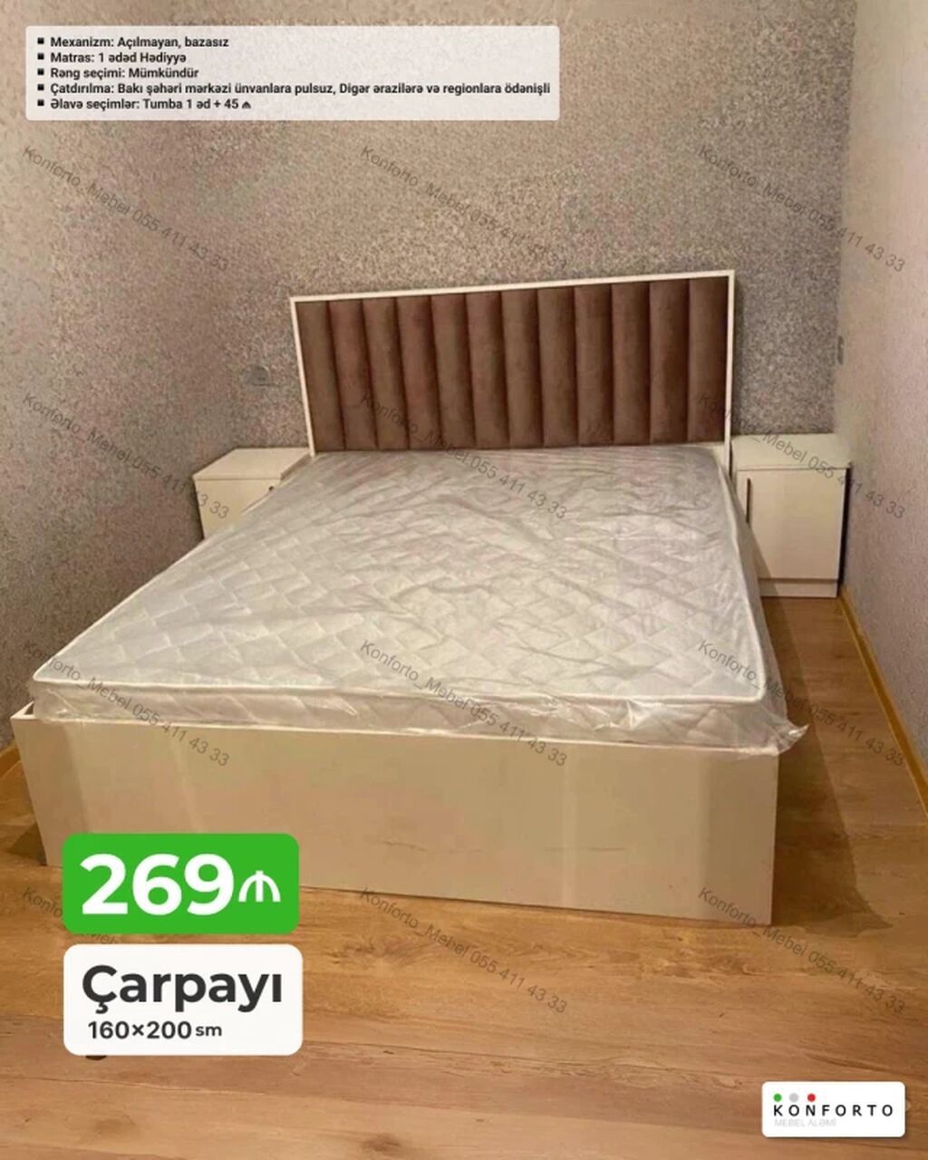 Mebel: Çarpayı Ölçü: 160×200 sm Xüsusiyyətlər: - Mexanizm — Mebel, Bakı