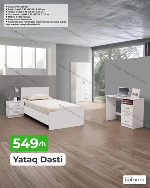 Yataq dəsti – 5 parça, müasir minimal dizayn, ağ rəngdə. Tərkibi və