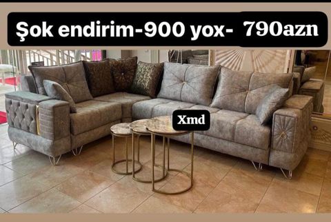 Künc divan dəsti – “L” forması, boz rəngli məxməri/parça üzlük. -