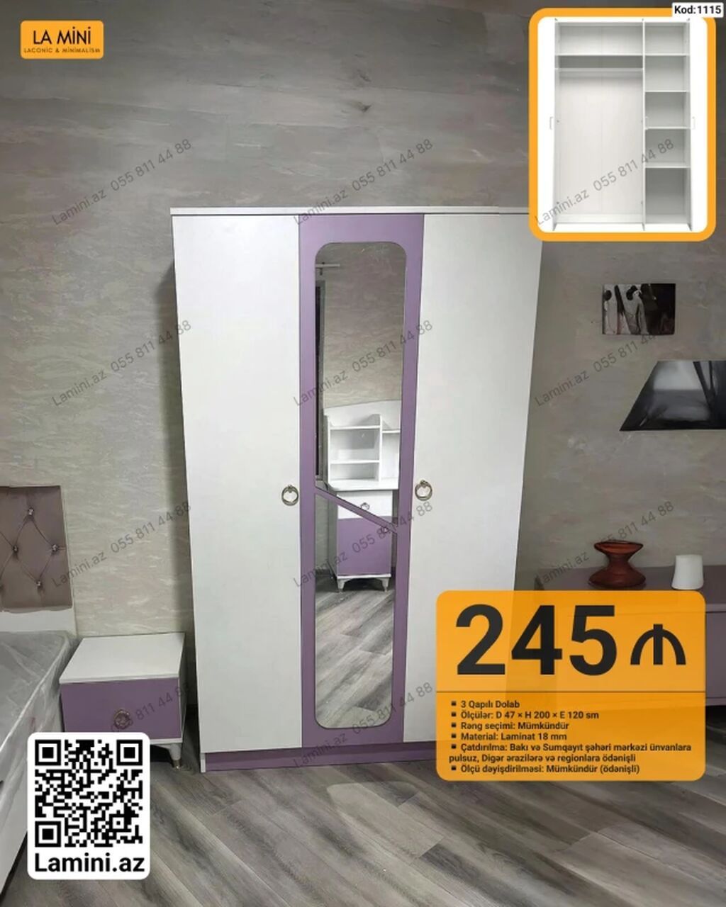 3 qapılı şkaf – Kod: 1115 - Ölçülər: D 47 × H 200 × E 120 sm - Rəng