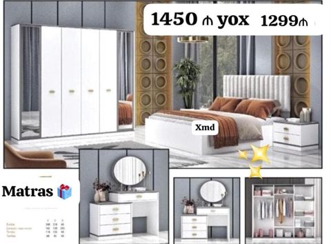 Yataq otağı dəsti – ağ rəngdə, müasir minimal dizayn, matras hədiyyə