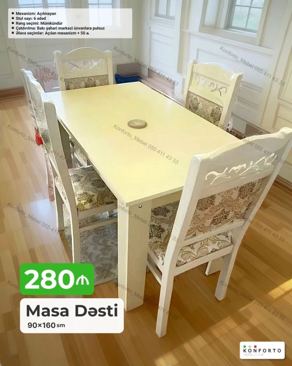 Masa Dəsti – 90×160 sm - Komplekt: 1 masa + 6 ədəd stul - Mexanizm