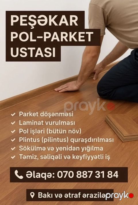 Peşəkar pol–parket ustası xidməti. Təklif olunan işlər: - Parket — Bakı