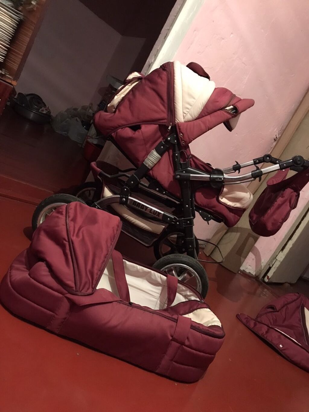 Uşaq arabası Baby Lux, 2-ü 1-də komplekt, bordo/krem — Uşaq nəqliyyatı, Bakı (3)
