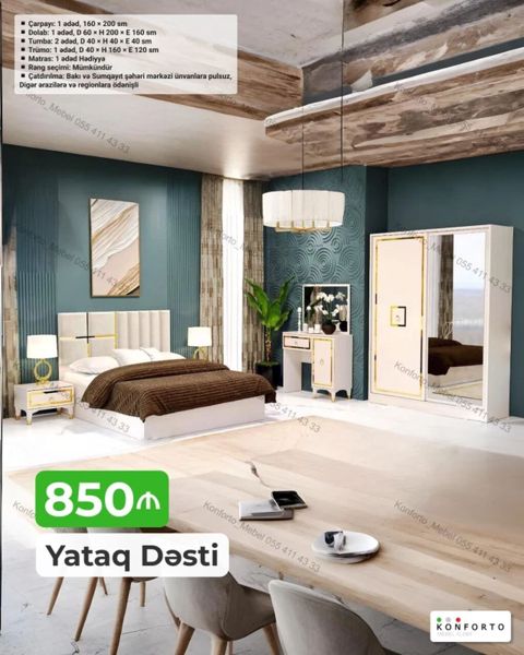Yataq Dəsti – 850 ₼ Tərkibi və ölçülər: - Çarpayı: 1 ədəd, 160 × 200