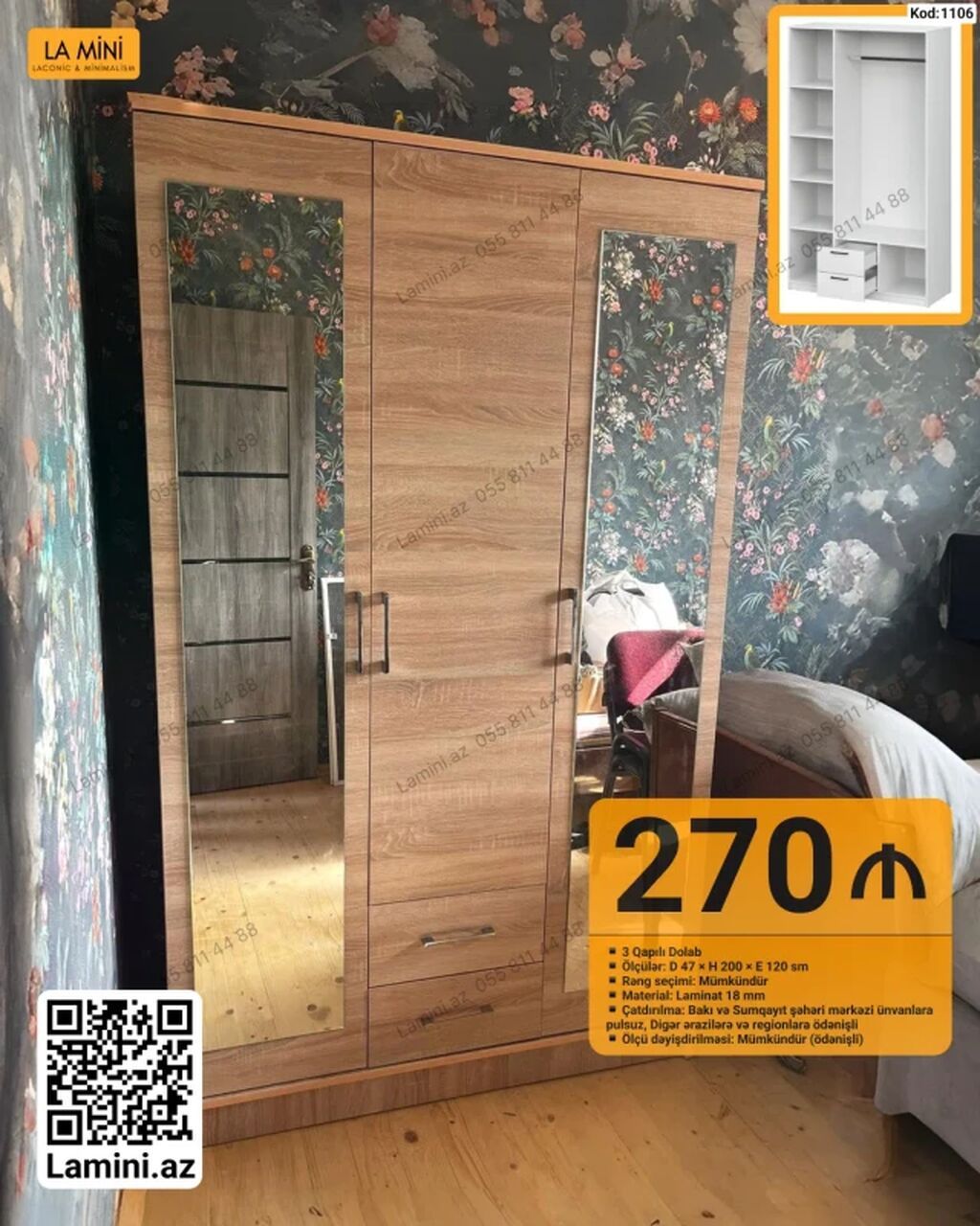 3 qapılı geyim dolabı - Kod: 1106 - Ölçülər: D 47 × H 200 × E 120 sm