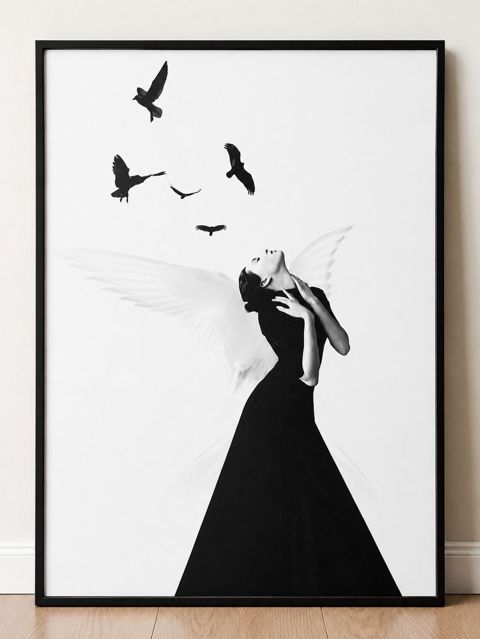 Minimalist qara-ağ incəsənət posteri – “Mələklə Uçuş” - Təsvir: Zərif