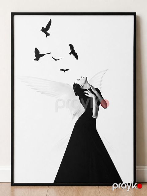 Minimalist qara-ağ incəsənət posteri – “Mələklə Uçuş” - Təsvir: Zərif — Bakı
