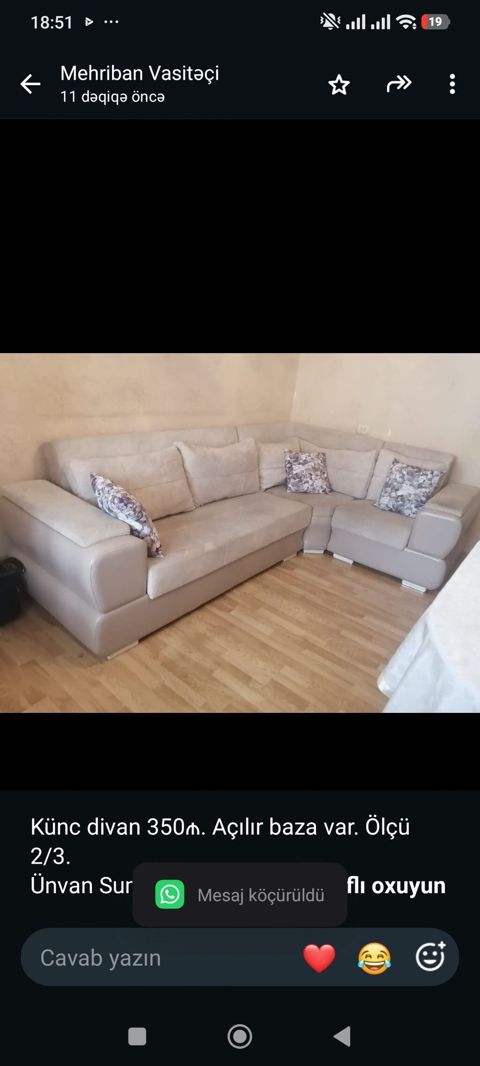 Künc divan 350₼. Açılır baza var. Ölçü 2/3. Ünvan Sumqayıt (61514) M — Aişə Xanım — Divanlar