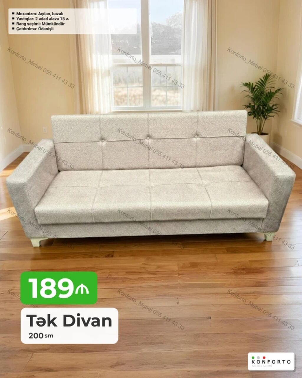 Tək Divan – 200 sm - Mexanizm: açılan, bazalı (yataq funksiyası və — Divanlər, Bakı