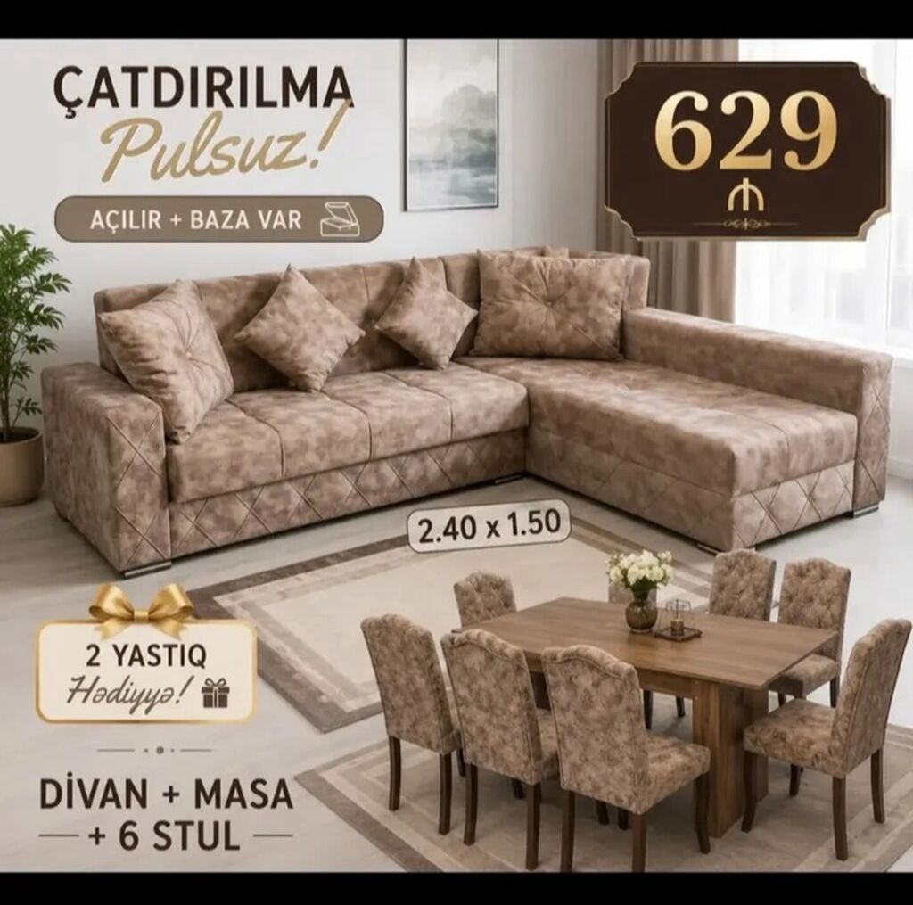 Dəst: Divan + Masa + 6 stul - Divan: L‑şəkilli, açılır mexanizmli və