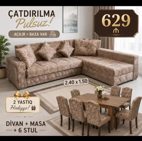Dəst: Divan + Masa + 6 stul - Divan: L‑şəkilli, açılır mexanizmli və — sifaris_yeni_mebel_Gülü_Hüseyn — Мебель