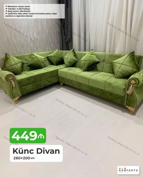 Künc divan – 280×200 sm Xüsusiyyətlər: - Mexanizm: Açılan, bazalı
