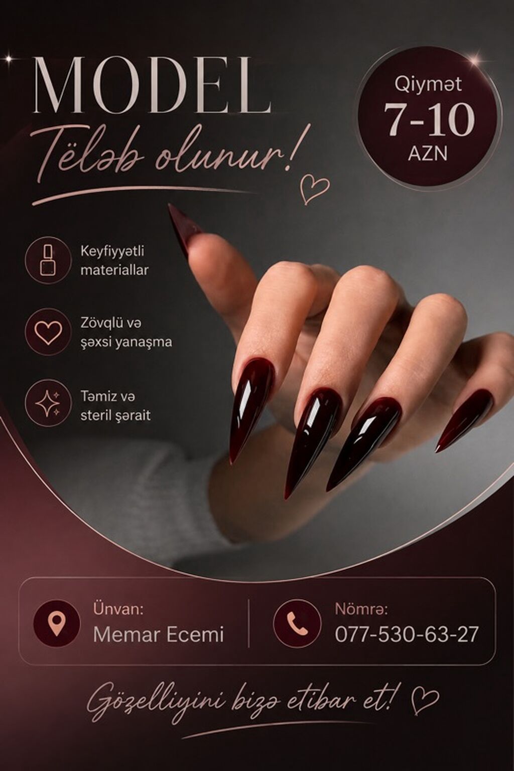 Xidmət: Manikür üçün model axtarılır - Ünvan: Memar Əcəmi - Qiymət — Xidmətlər, Ağstafa