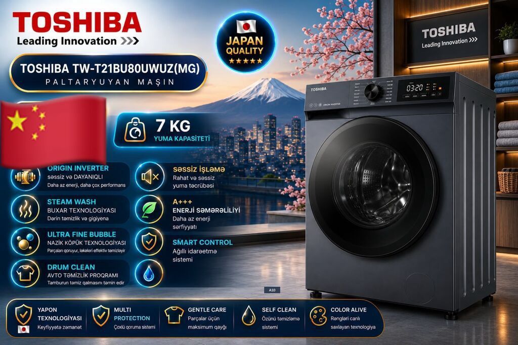 Paltaryuyan maşın Toshiba, 8 kq, Yeni, Avtomat, Qurutmasız, Kredit yoxdur, Ödənişli çatdırılma — Paltaryuyan maşınlar, Sumqayıt (2)