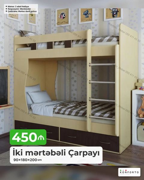 İki mərtəbəli çarpayı – 90×180×200 sm - Kompakt və funksional dizayn