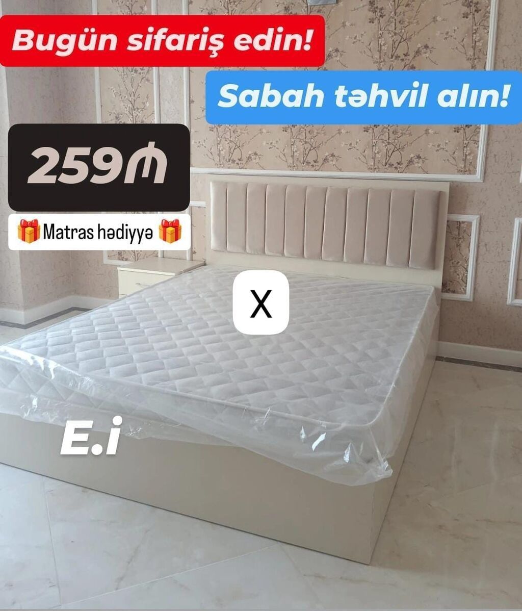 Mebel dəsti – yumşaq başlıqlı ikinəfərlik çarpayı - Rəng: krem/bej