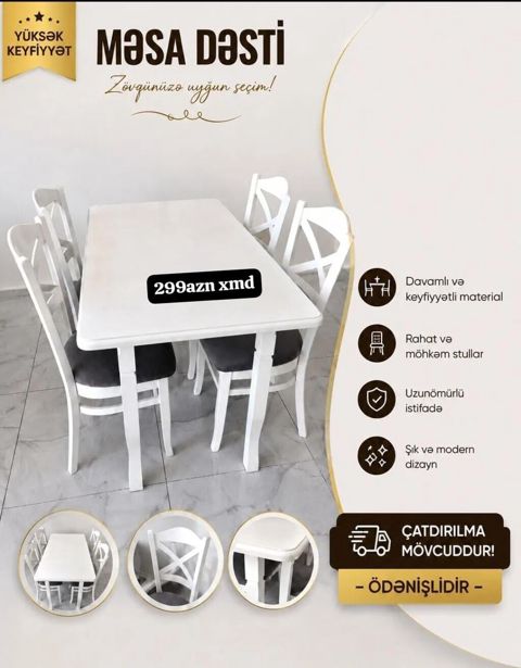 Məhsul: Masa dəsti - Komplekt: 1 ədəd düzbucaqlı masa + 4 ədəd stul -