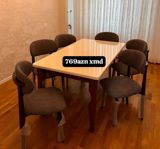 Yemək masası və 6 ədəd stul dəsti - Masa: düzbucaqlı forma, parlaq — Mebel