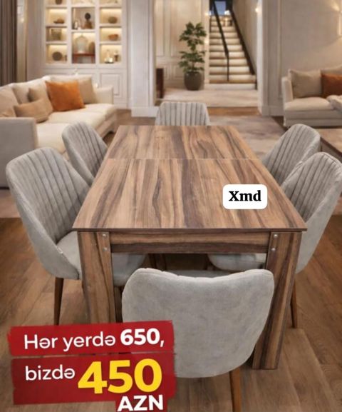Yemək masası və 6 ədəd kreslo dəsti - Masanın materialı: ağac