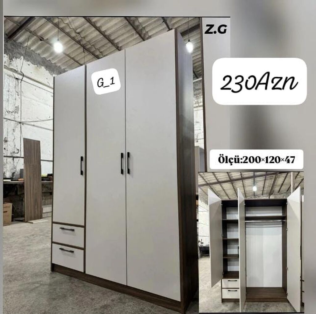 3 qapılı geyim şkafı – model G_1 Ölçü: 200 × 120 × 47 sm