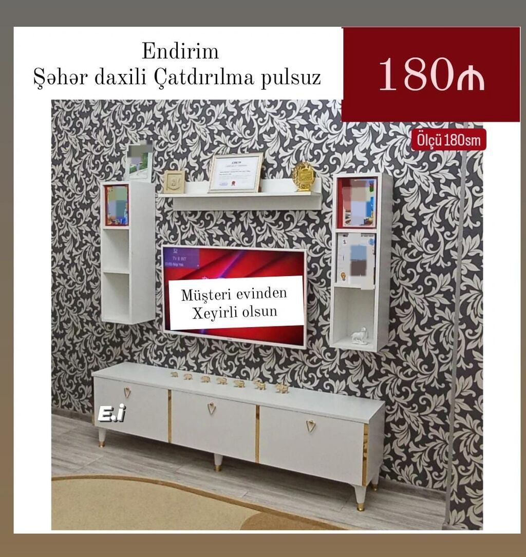 TV stendi və divar rəfləri dəsti - Ölçü: 180 sm - Rəng: ağ, qızılı