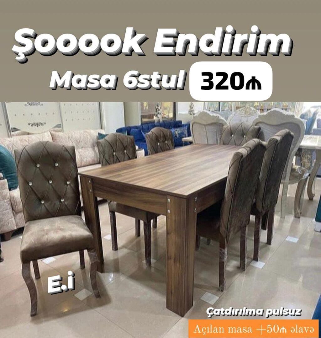 Mebel dəsti – masa + 6 stul - Masa: taxta teksturalı, düzbucaqlı — Mebel, Mehdiabad