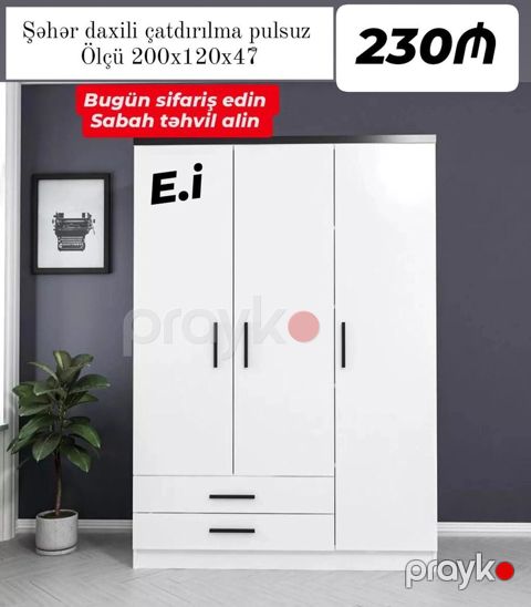 Ağ rəngli 3 qapılı paltar şkafı - Ölçü: 200 x 120 x 47 sm - Dizayn