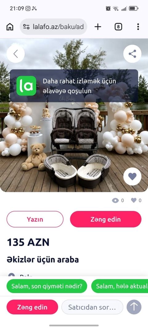 İkizlər üçün uşaq arabası (carrycot ilə) — Masazır