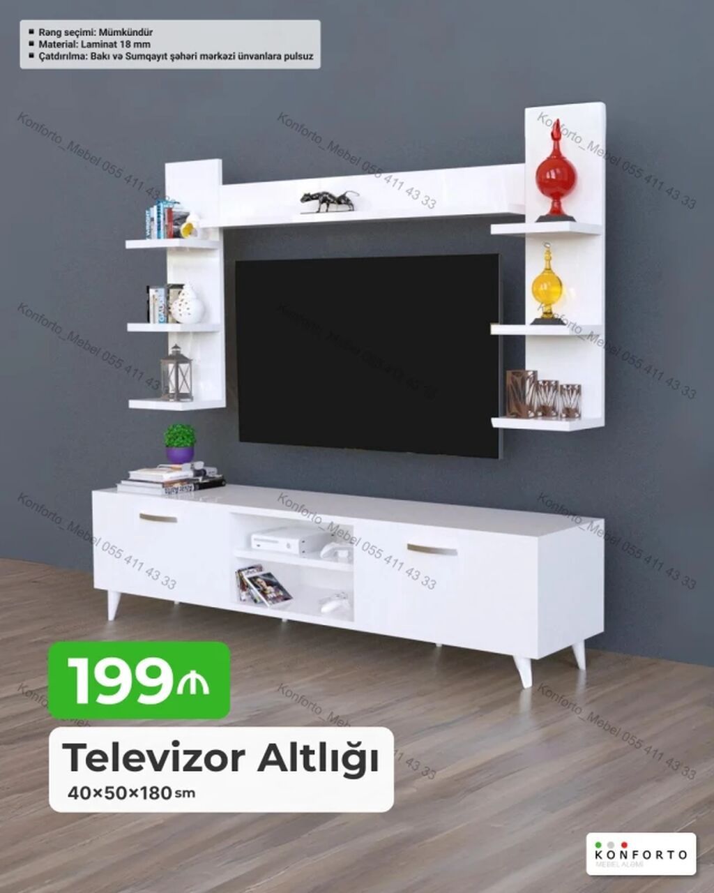 Televizor altlığı və asma rəf dəsti - Ölçü: 40 × 50 × 180 sm - — Mebel, Bakı