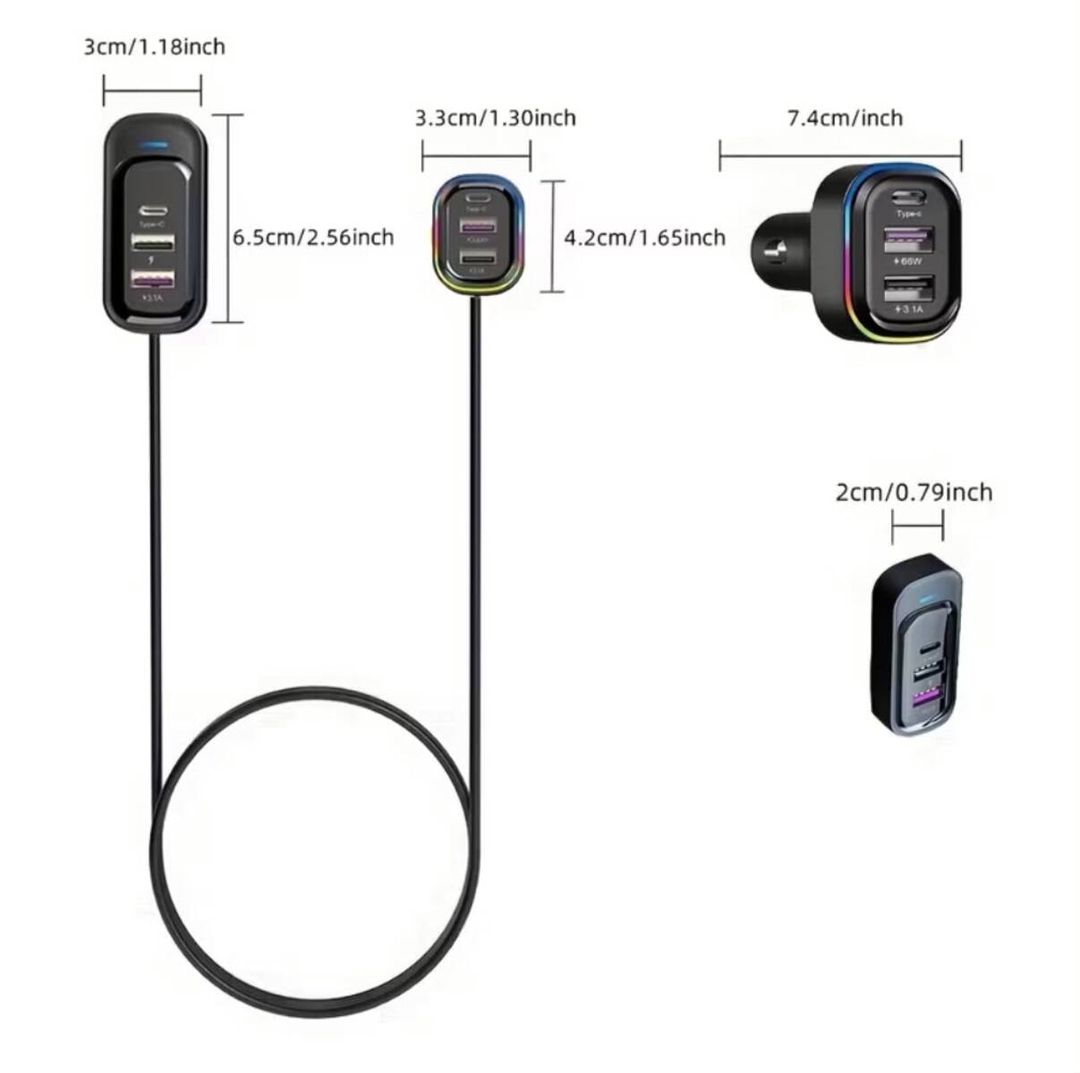 Avtomobil üçün 12–24V 66W USB şarj cihazı – Type-C + 2 USB port və uzadılan kabel — Ehtiyat hissələri və aksesuarlar, Bakı (2)