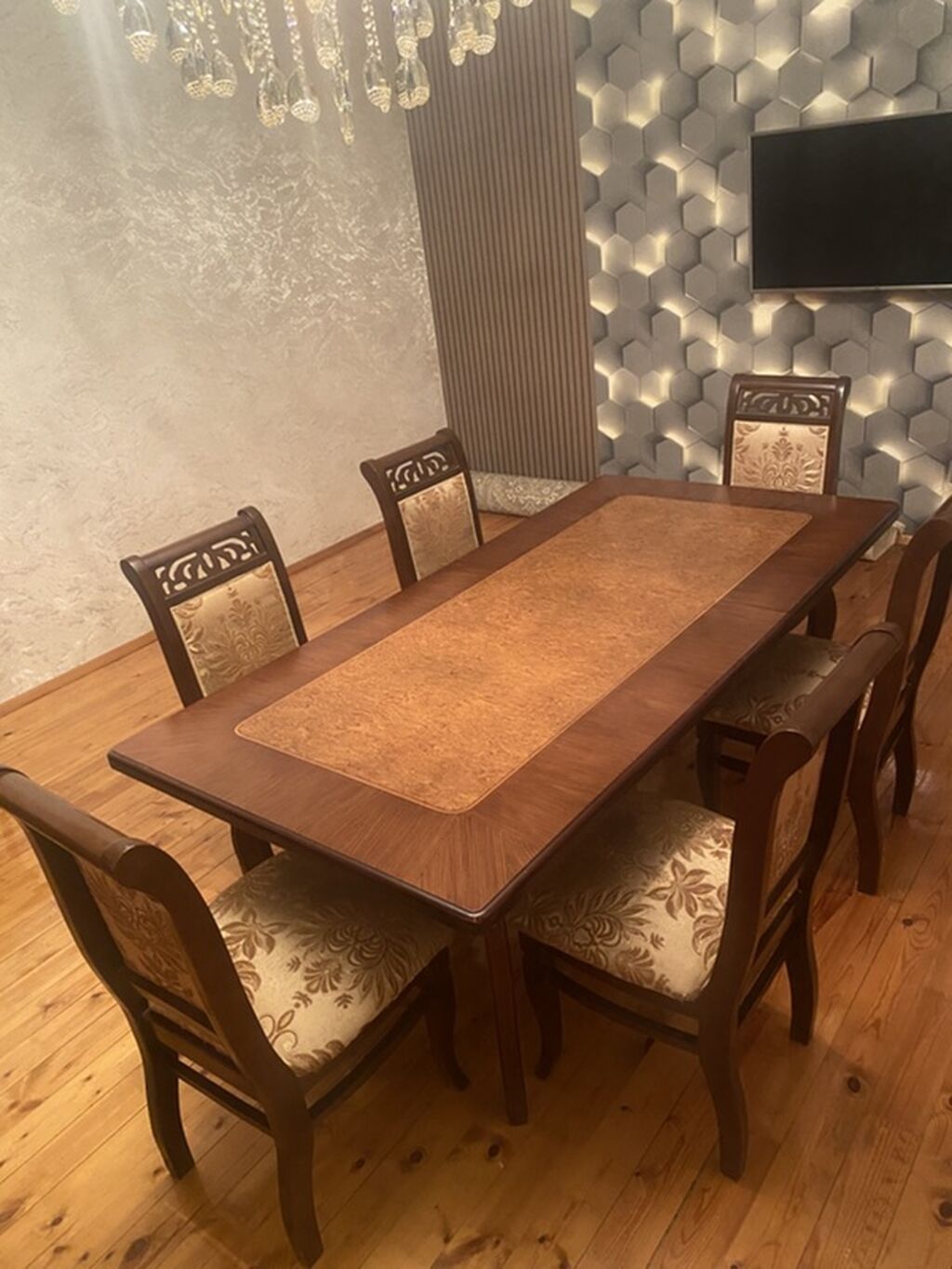 Yemək otağı dəsti – masa + 6 stul - Material: massiv ağac karkas, üst — Mebel, Novxanı