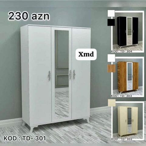 Üç qapılı paltar şkafı – kod: TD-301/302/303/304 - Ön hissədə tam boy
