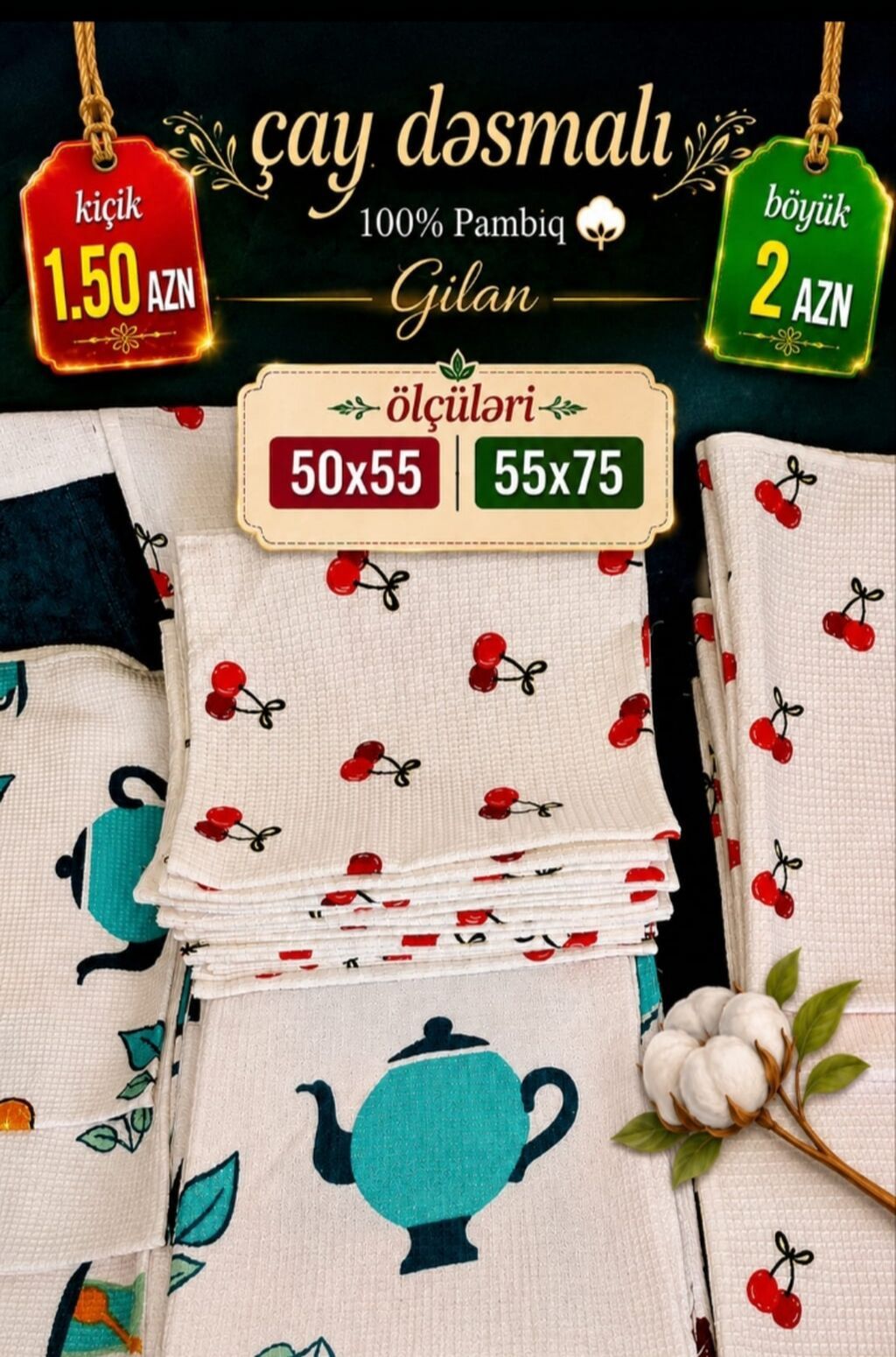 Çay dəsmalı – Gilan - Material: 100% pambıq - Ölçülər: 50x55 sm və — Tekstil, Digah