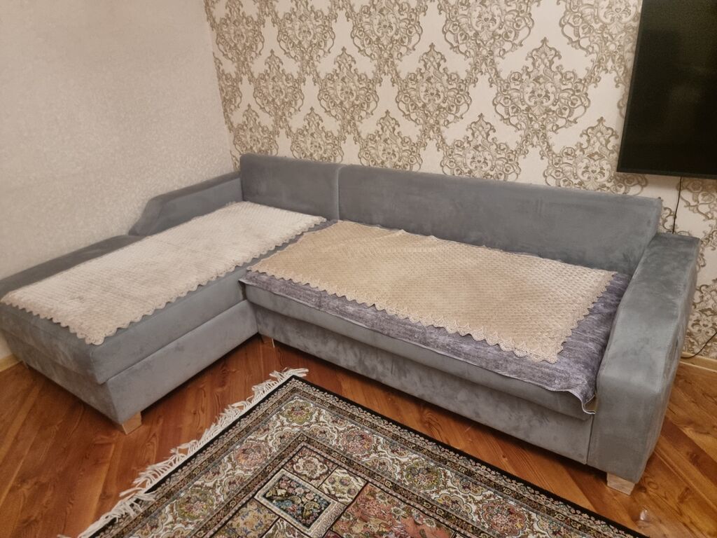 Künc divanı – L şəklində, yumşaq parça üzlüklü, açıq-boz rəngdə — Mebel, Digah (4)
