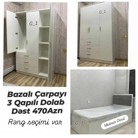Bazalı çarpayı + 3 qapılı dolab dəsti - Dəst: bazalı tək nəfərlik