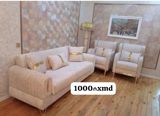 Krem rəngli dəst: 1 geniş divan + 2 kreslo - Yumşaq, zolaqlı parçadan — Mebel