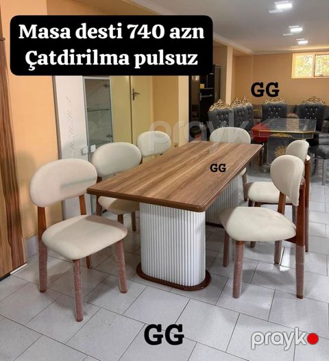 Masa dəsti – 6 stul + geniş yemək masası - Masa: taxta teksturalı