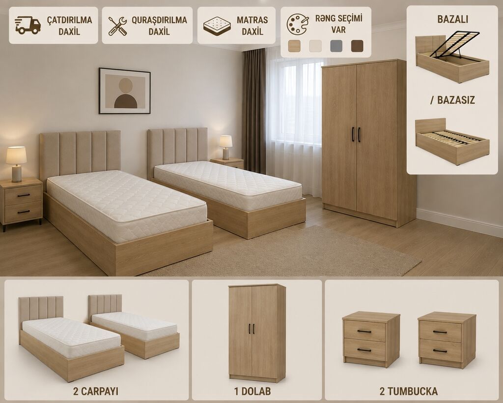 Oğlan və qız üçün, Yeni, 2 təknəfərlik çarpayı, 2 tumba — Mebel, Digah (3)
