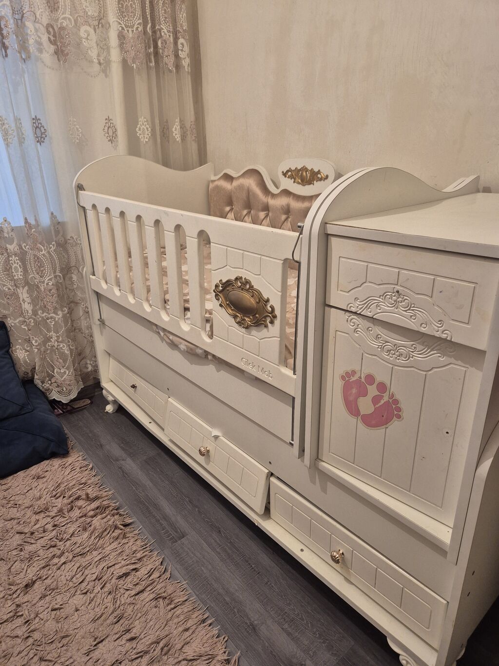 Oğlan və qız üçün, İşlənmiş, Dördbucaq, Beşik, Matras ilə — Mebel, Bakı (3)