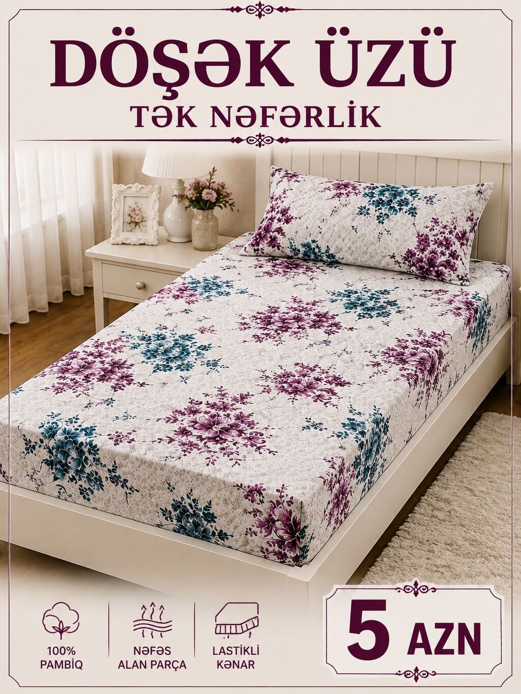 Tək nəfərlik yataq dəsti – çiçək naxışlı, 100% pambıq parça. Komplekt — Mebel, Digah (3)