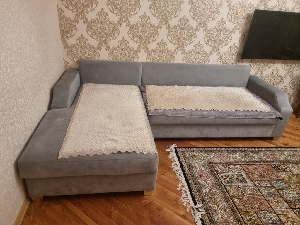 Künc divanı – L şəklində, yumşaq parça üzlüklü, açıq-boz rəngdə — Mebel, Digah (5)
