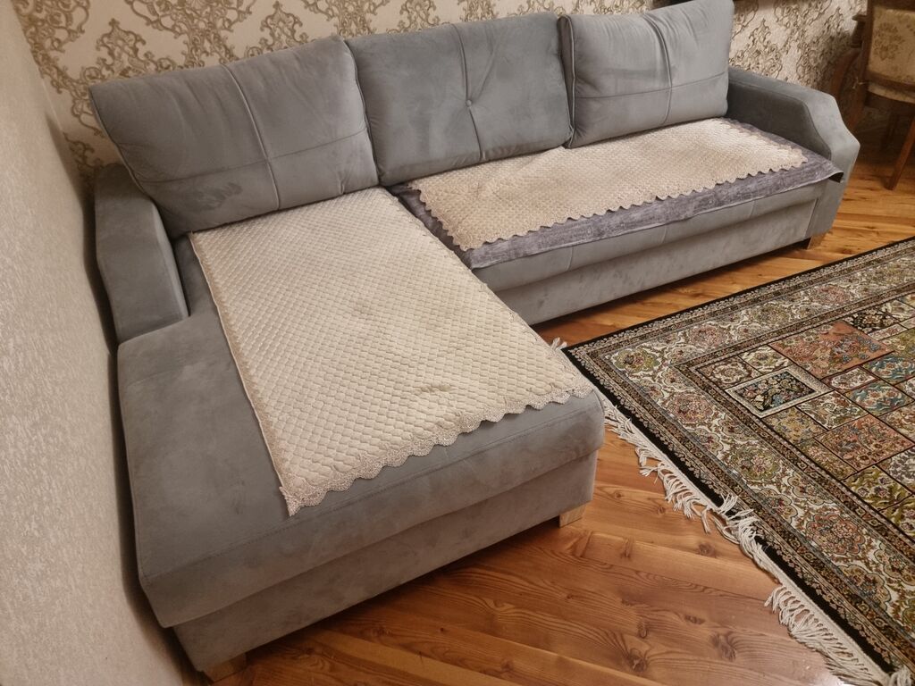 Künc divanı – L şəklində, yumşaq parça üzlüklü, açıq-boz rəngdə — Mebel, Digah (2)