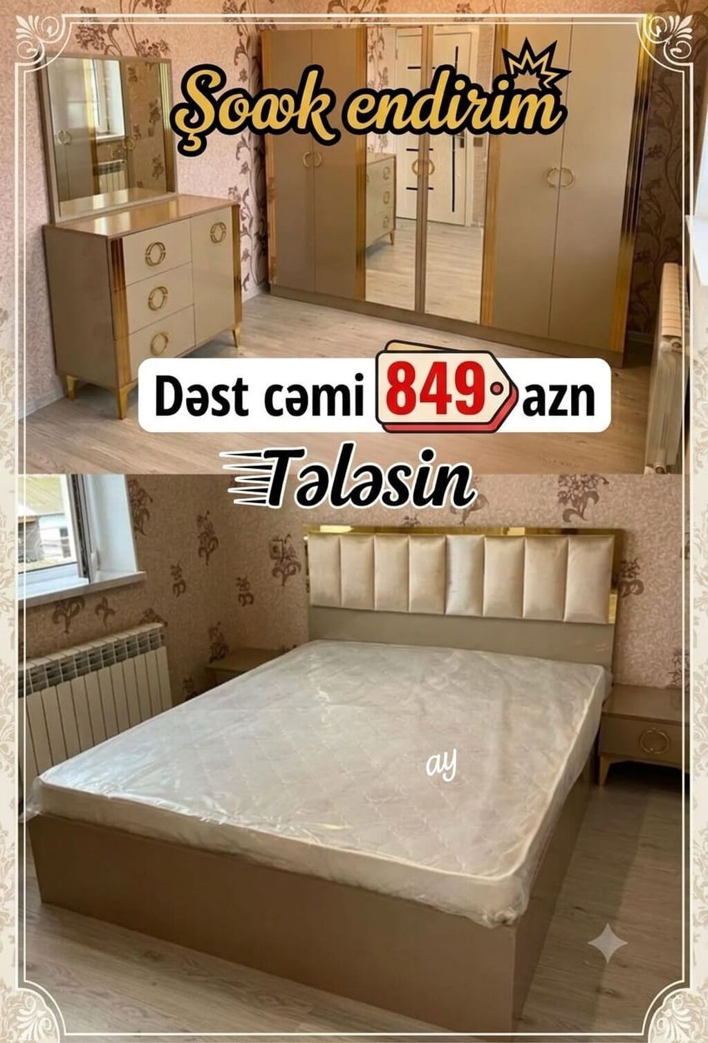 Yataq otağı mebel dəstləri 1) Bej-qızılı dizaynlı dəst: - Üç qapılı — Mebel, Bakı