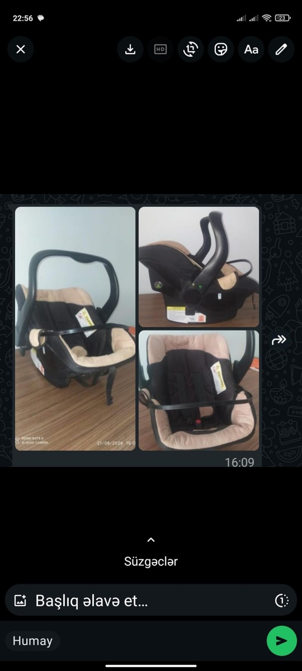 Uşaq üçün avtokreslo-daşıyıcı təqdim olunur. Model avtomobildə — Mallar, Bakı