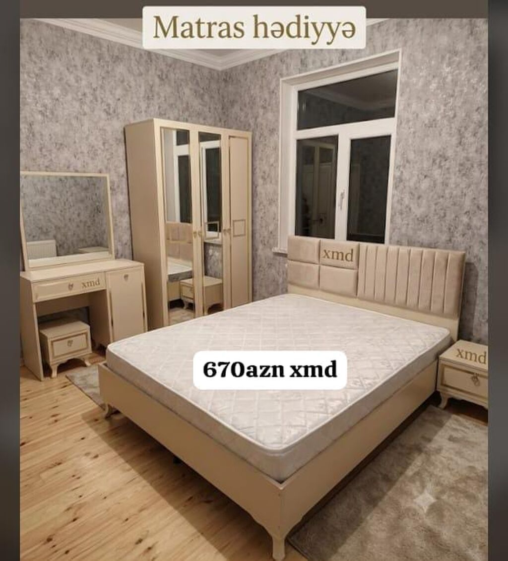 Yataq otağı mebel dəsti Tərkibi: - Çarpayı (yumşaq başlıqla) - Matras — Yataq otağı mobilya dəstləri, Bakı