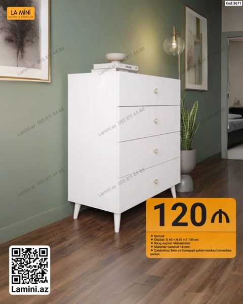 Komod – minimalist və zərif dizaynlı saxlama mebeli. Ağ rəngdə təqdim — Bakı