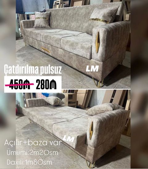 Sofa – açılır mexanizmli, bazalı model - Rəng/üzlük: bej tonlarında