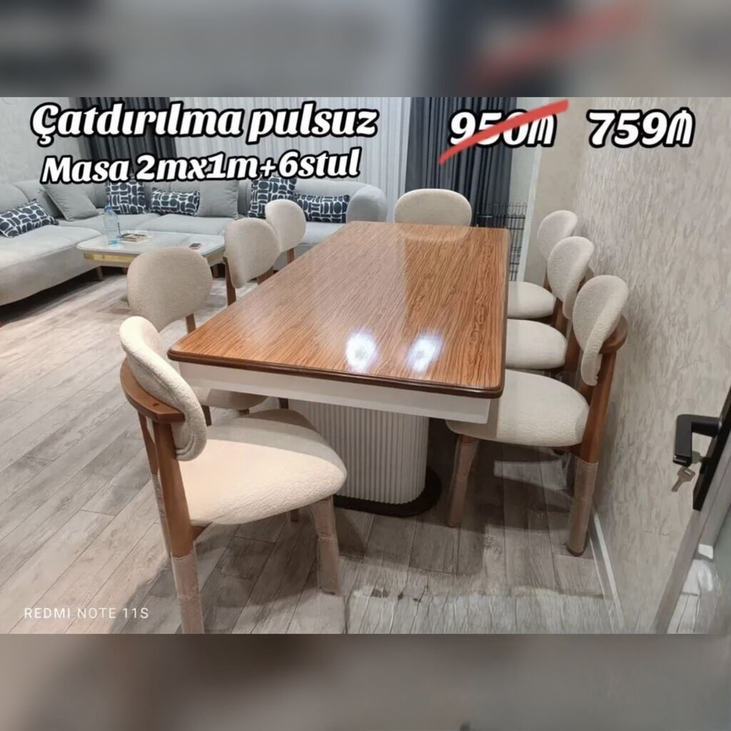 Qonaq otağı və yemək sahəsi üçün masa və 6 stul dəsti. - Masa ölçüsü — Mebel, Bakı